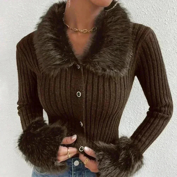 Coffee Brown Casual Women's Borg Collar Fuzzy Cuff Cardigan - Picture 6 of 7